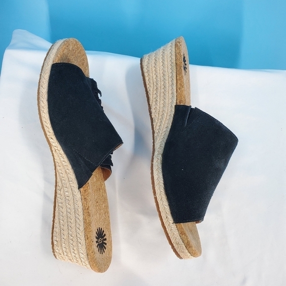 UGG black suede fringe wedge sandals 10 - Picture 11 of 15